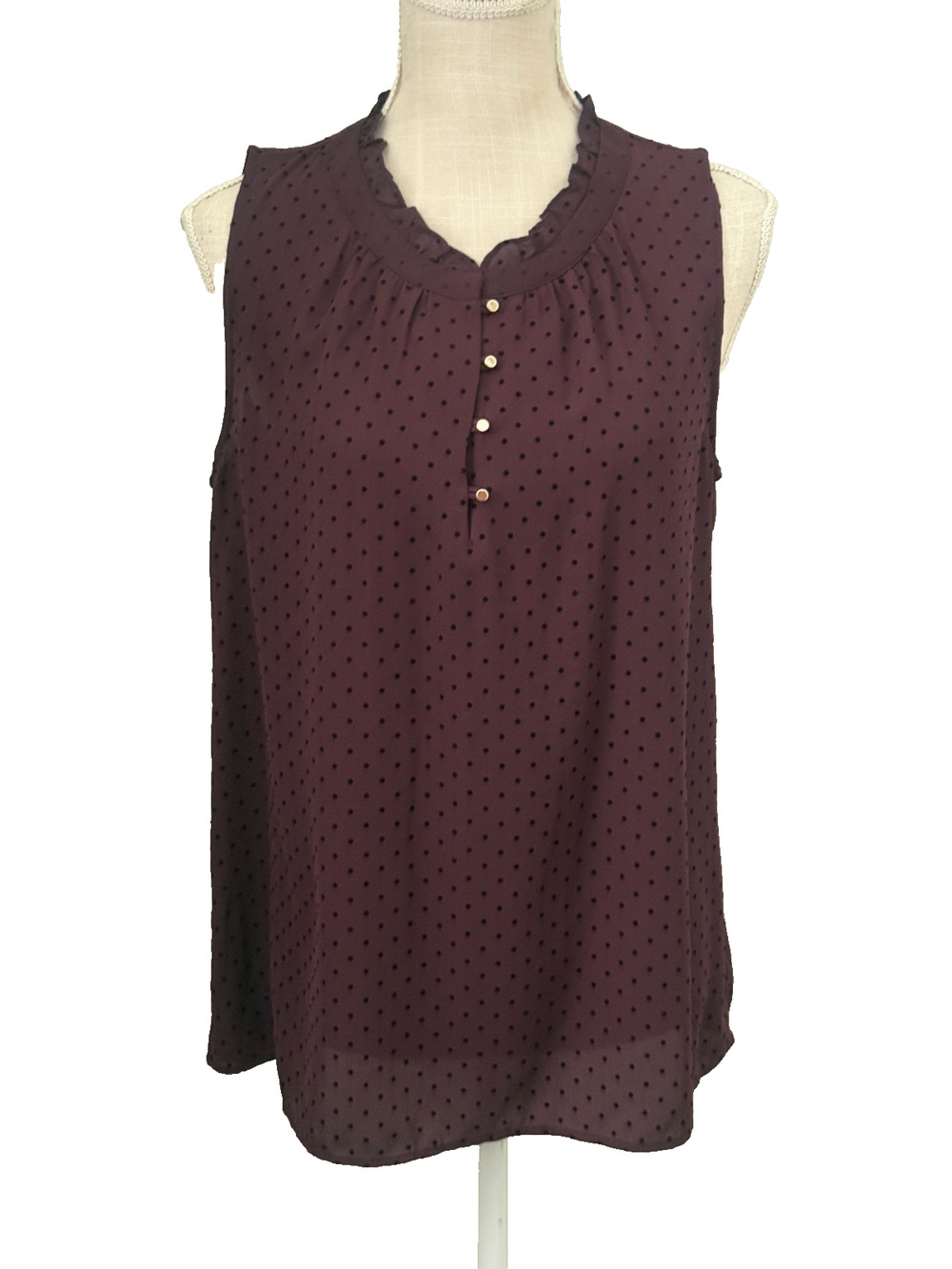 41 Hawthorne Womens Sleeveless Purple & Black Polka Dot V-neck Blouse Size L